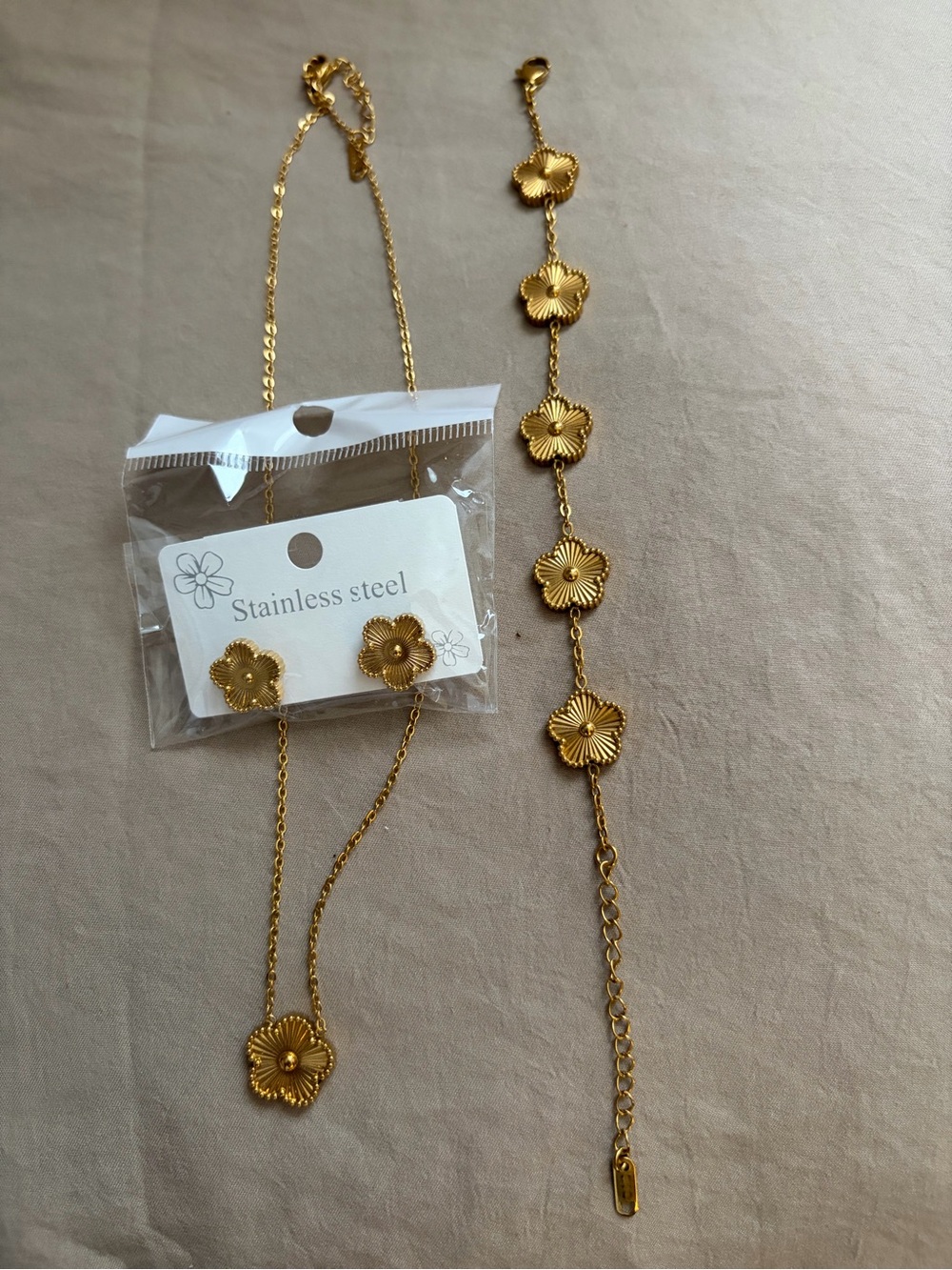 Gold Floral Stainless Steel Necklace & Bracelet Set